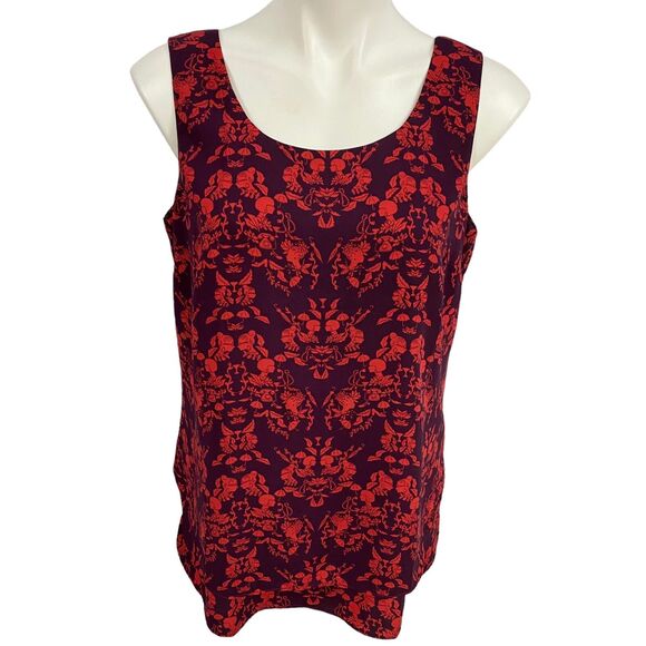 CAbi Top Style #3258 Womens Medium Cameo Print Red Purple Split Back Blouse Work - Picture 9 of 16